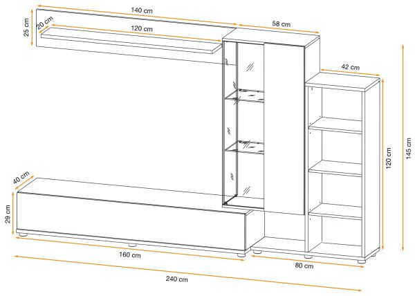 Wohnwand Lester in Anthrazit und Wotan Eiche, Schrankwand inkl. LED und Push-to-Open, 240 x 145 cm