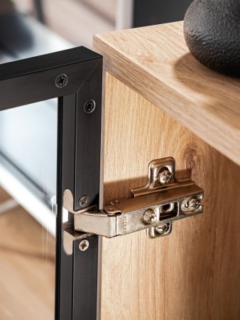 Wohnwand Lines in Hickory Eiche und schwarz Schrankwand 4-teilig mit LED und Push-to-Open, 340 x 192 cm
