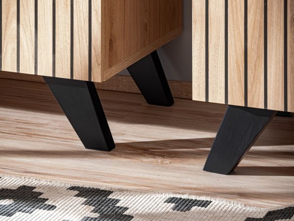 Wohnwand Lines in Hickory Eiche und schwarz Schrankwand 4-teilig mit LED und Push-to-Open, 340 x 192 cm