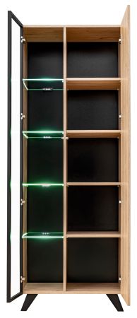 Wohnwand Lines in Hickory Eiche und schwarz Schrankwand 4-teilig mit LED und Push-to-Open, 340 x 192 cm