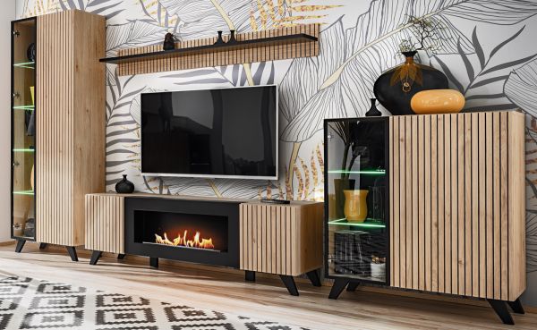 TV-Lowboard Lines in Hickory Eiche und schwarz TV-M�bel mit Ethanol Kamin, 160 x 52 cm