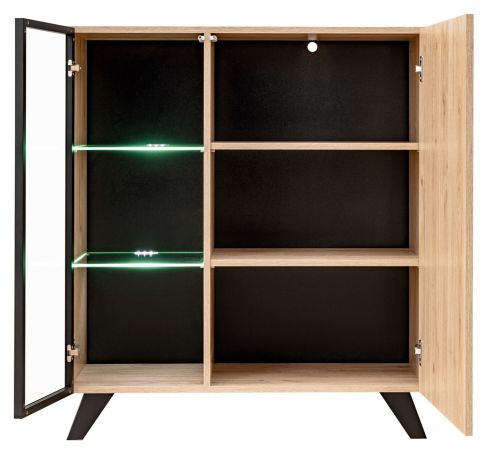 Vitrinenschrank Lines in Hickory Eiche und schwarz Glasvitrine mit LED und Push-to-Open, 90 x 192 cm