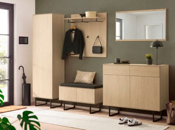 Garderobe Sitzbank Breda in Stone Eiche Garderobenbank 90 cm, mit Push-to-Open