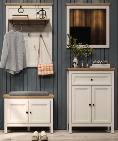 Garderobe Set 4-teilig Cozy in Kaschmir und Stein Eiche Landhaus Garderobenkombination 160 cm, Soft-Close