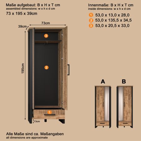Garderobenschrank Loom in Mango und schwarz Garderobe mit Spiegel 73 x 195 cm