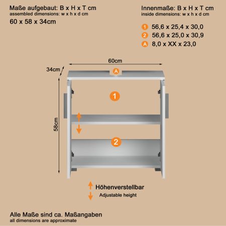 Waschbeckenunterschrank Bianco in wei� Hochglanz,  Badschrank 60 x 58 cm
