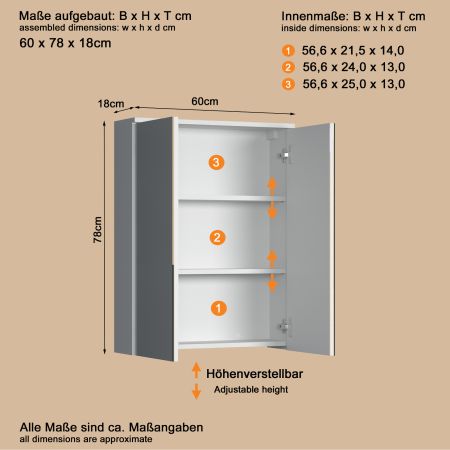 Badezimmer Spiegelschrank Bianco in wei� Badschrank 2-t�rig 60 x 78 cm