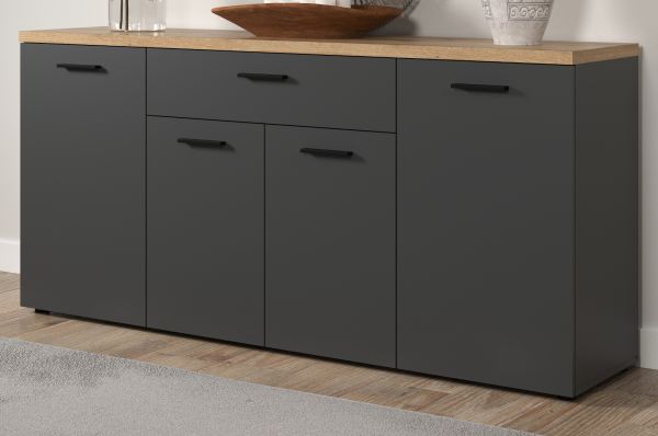 Sideboard Groove in Grau mit Evoke Eiche, 4-t�rige Kommode 180 x 85 cm