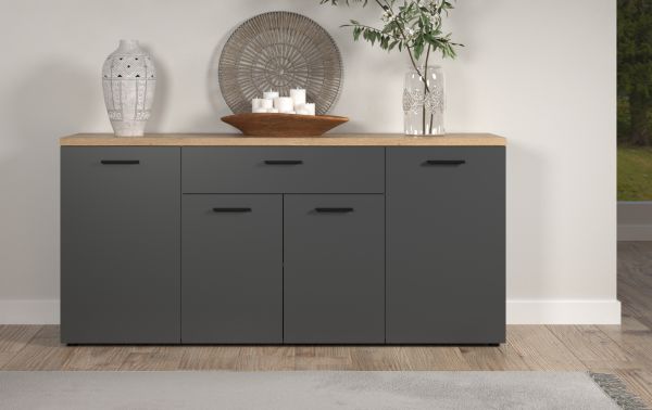 Sideboard Groove in Grau mit Evoke Eiche, 4-t�rige Kommode 180 x 85 cm