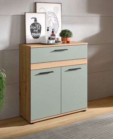 Badezimmer Kommode Bailey in Salbei und Artisan Eiche Badschrank 70 x 79 cm