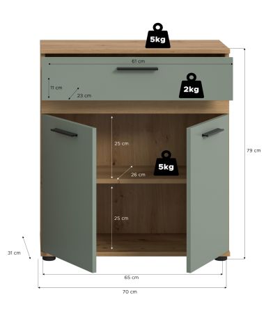 Badezimmer Kommode Bailey in Salbei und Artisan Eiche Badschrank 70 x 79 cm