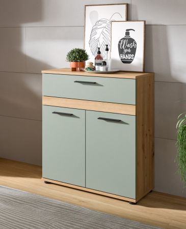 Badezimmer Kommode Bailey in Salbei und Artisan Eiche Badschrank 70 x 79 cm