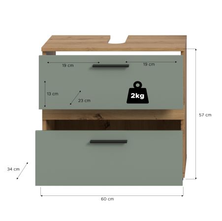 Waschbeckenunterschrank Bailey in Salbei und Artisan Eiche Badezimmer Unterschrank 60 cm