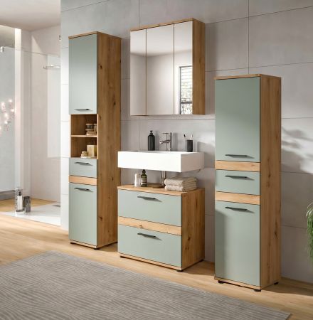 Waschbeckenunterschrank Bailey in Salbei und Artisan Eiche Badezimmer Unterschrank 60 cm