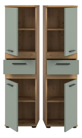 Badezimmer Midischrank Bailey in Salbei und Artisan Eiche Badschrank 35 x 137 cm