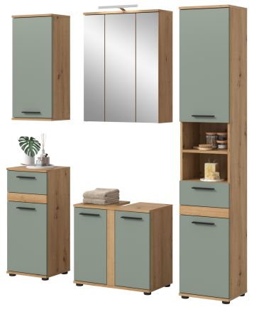 Badm�bel Set 6-teilig Bailey in Salbei und Artisan Eiche Badkombination inkl. LED 164 x 191 cm