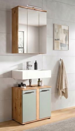 Badm�bel Set 3-teilig Bailey in Salbei und Artisan Eiche Badkombination inkl. LED 60 x 191 cm