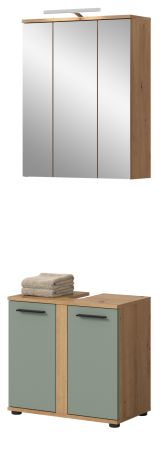 Badm�bel Set 3-teilig Bailey in Salbei und Artisan Eiche Badkombination inkl. LED 60 x 191 cm