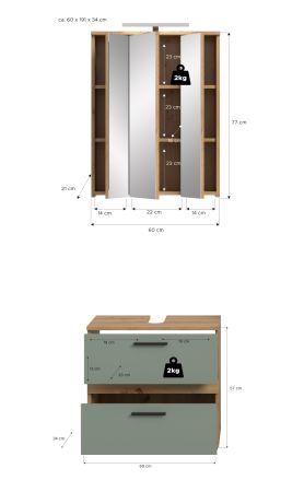 Badm�bel Set 3-teilig Bailey in Salbei und Artisan Eiche Badkombination inkl. LED 60 x 191 cm