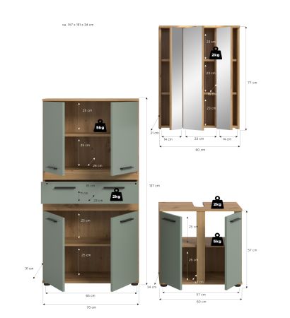 Badm�bel Set 3-teilig Bailey in Salbei und Artisan Eiche Badkombination 145 x 191 cm