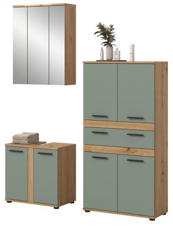 Badm�bel Set 3-teilig Bailey in Salbei und Artisan Eiche Badkombination 145 x 191 cm
