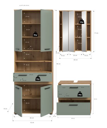 Badm�bel Set 3-teilig Bailey in Salbei und Artisan Eiche Badkombination 145 x 191 cm
