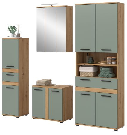 Badm�bel Set 5-teilig Bailey in Salbei und Artisan Eiche Badkombination inkl. LED 199 x 191 cm
