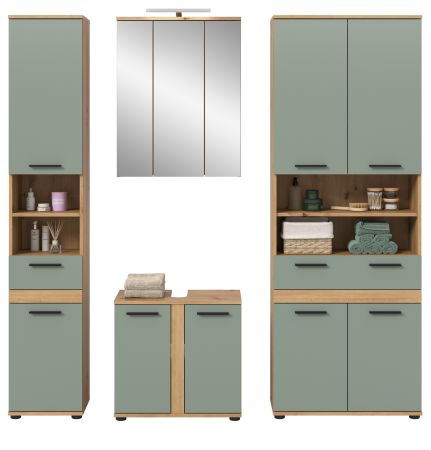 Badm�bel Set 5-teilig Bailey in Salbei und Artisan Eiche Badkombination inkl. LED 199 x 191 cm