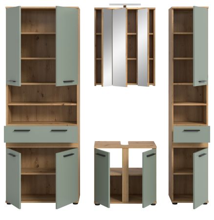 Badm�bel Set 5-teilig Bailey in Salbei und Artisan Eiche Badkombination inkl. LED 199 x 191 cm
