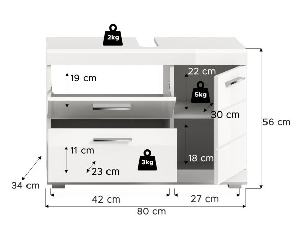 Waschbeckenunterschrank Shawn in wei� Hochglanz Badezimmer Unterschrank 80 cm