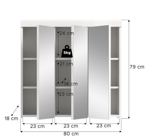 Badezimmer Spiegelschrank Shawn in wei� Hochglanz Badschrank 3-t�rig 80 x 79 cm