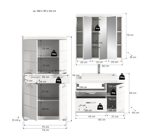 Badm�bel Set 4-teilig Shawn in wei� Hochglanz Badkombination mit Waschbecken 169 x 191 cm