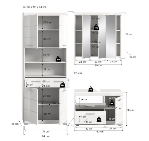 Badm�bel Set 3-teilig Shawn in wei� Hochglanz Badkombination 169 x 191 cm