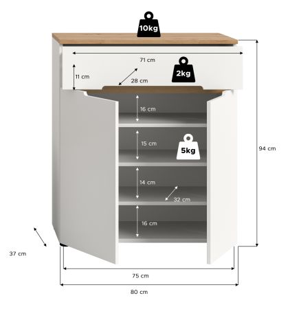 Flurkommode Cooper in wei� und Artisan Eiche Schuhschrank 80 x 94 cm, Soft-Close