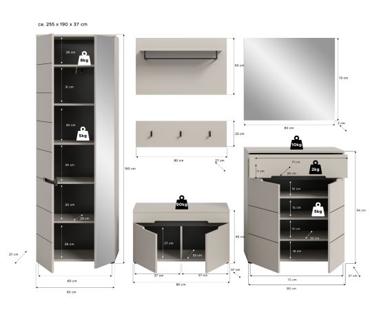 Garderobe Set 6-teilig Cooper in Kaschmir, Komplett-Set mit Soft-Close