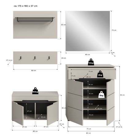 Garderobe Set 5-teilig Cooper in Kaschmir 175 cm, Soft-Close