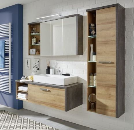 Badezimmer: H�ngeschrank Bay Eiche Riviera, Beton grau (48 x 160 cm)