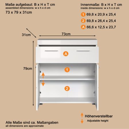 Badezimmer Kommode Adamo in wei� Hochglanz Badschrank 73 x 79 cm