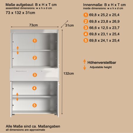 Badezimmer Midischrank Adamo in wei� Hochglanz Badschrank 73 x 132 cm