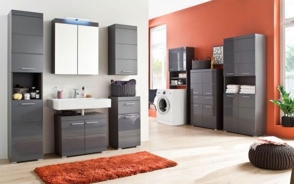 Badezimmer Badm�bel Set Adamo Hochglanz grau inkl. LED-Beleuchtung Badkombination 6-teilig