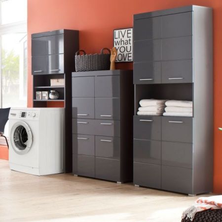 Badezimmer Midischrank Adamo in grau Hochglanz Badschrank 73 x 132 cm