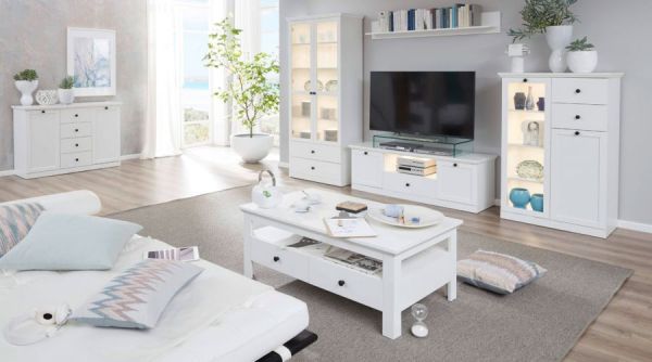 Wohnwand Milla 3-teilig in wei� Landhaus Schrankwand 273 x 196 cm