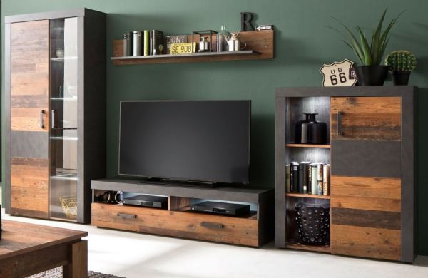 Wohnwand Foundry 4-teilig 340 cm in Used Wood Altholz und Matera grau mit LED Beleuchtung