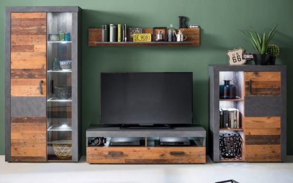 Wohnwand Foundry 4-teilig 340 cm in Used Wood Altholz und Matera grau mit LED Beleuchtung