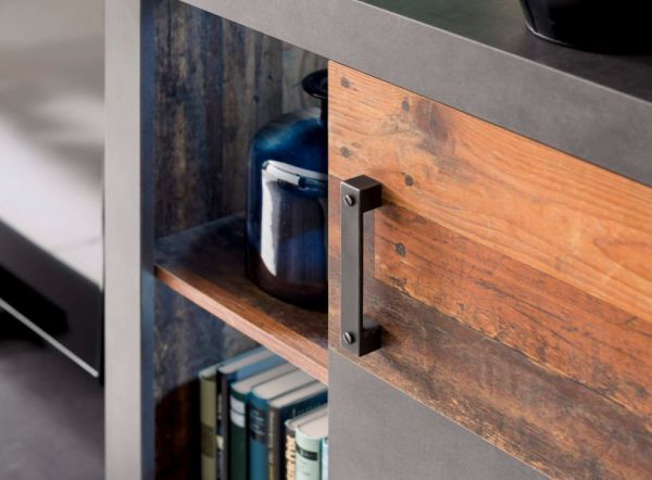 Wohnwand Foundry 4-teilig 340 cm in Used Wood Altholz und Matera grau mit LED Beleuchtung