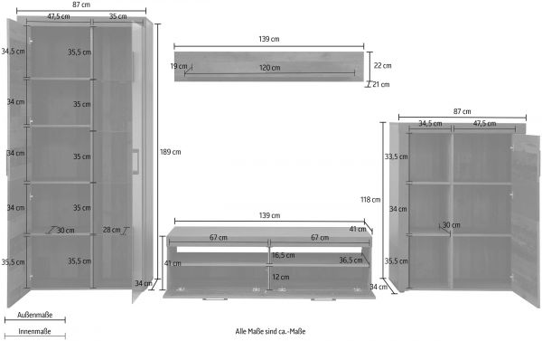 Wohnwand Foundry 4-teilig 340 cm in Used Wood Altholz und Matera grau mit LED Beleuchtung