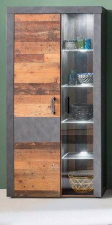 Vitrinenschrank Foundry in Used Wood Altholz Design mit Grau, Vitrine 87 x 189 cm inkl. Beleuchtung