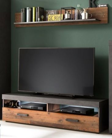 TV-Lowboard Foundry in Used Wood Altholz Dekor mit Grau, Set inklusive Wandregal 140 cm