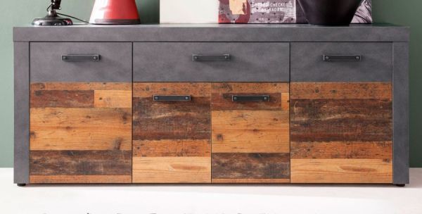 Sideboard Foundry in Used Wood Altholz Dekor mit Grau, Kommode 4-t�rig 178 x 77 cm