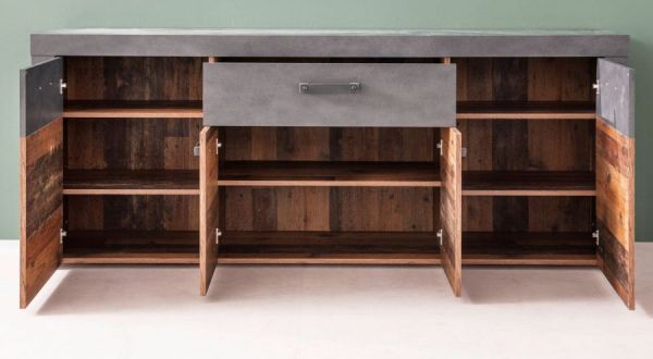 Sideboard Foundry in Used Wood Altholz Dekor mit Grau, Kommode 4-t�rig 178 x 77 cm
